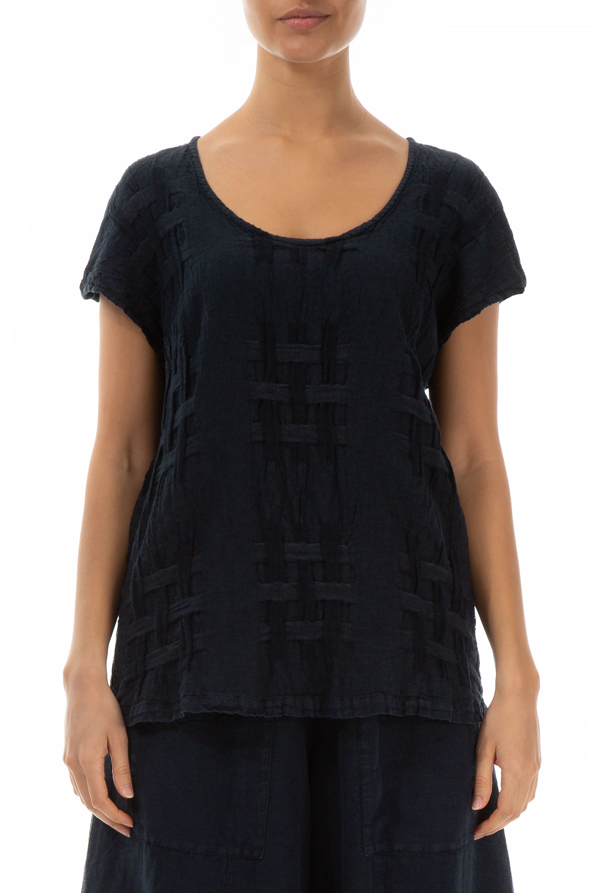 Short Sleeves Checkered Texture Midnight Blue Linen Top 1