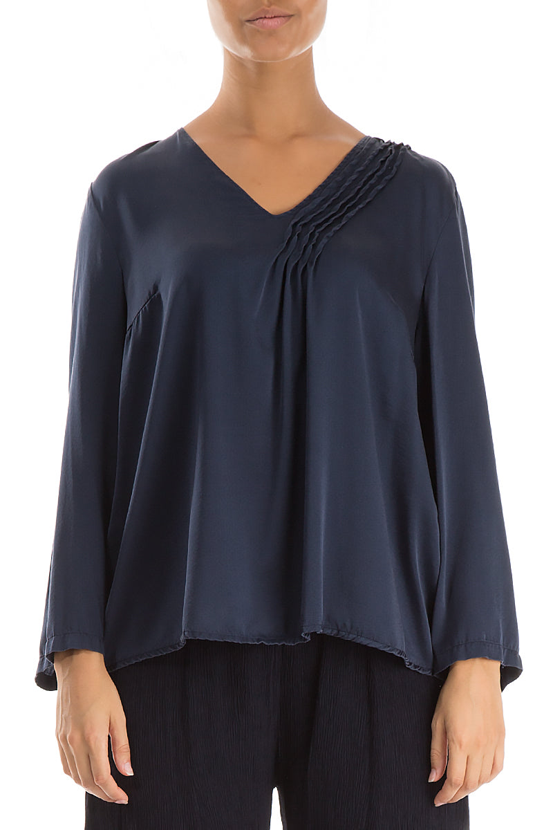 Side Ruffle Navy Purple Silk Blouse 1