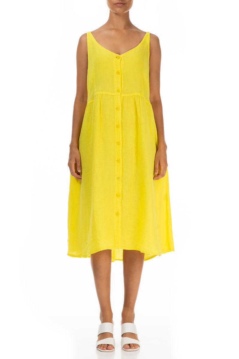 Sleeveless Buttoned Yellow Linen Dress 1