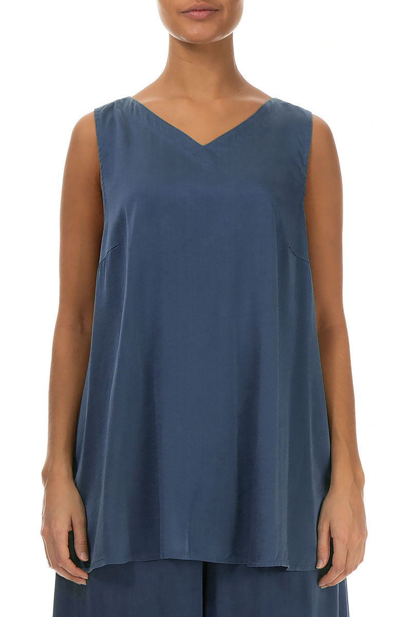Sleeveless V-Neck Petrol Blue Silk Top 1