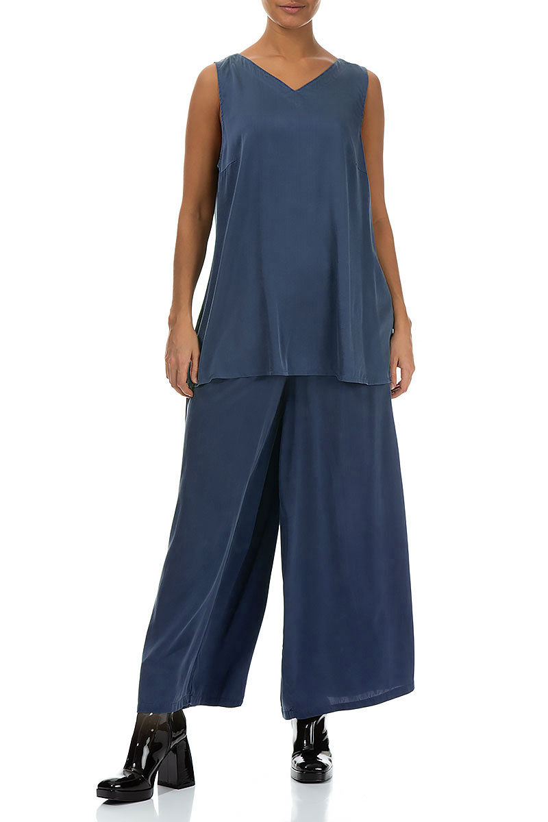Sleeveless V-Neck Petrol Blue Silk Top 4