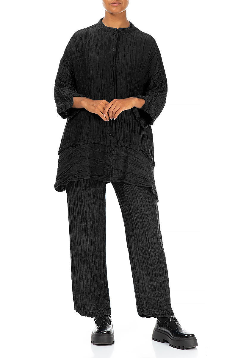Straight Crinkled Black Silk Trousers 4