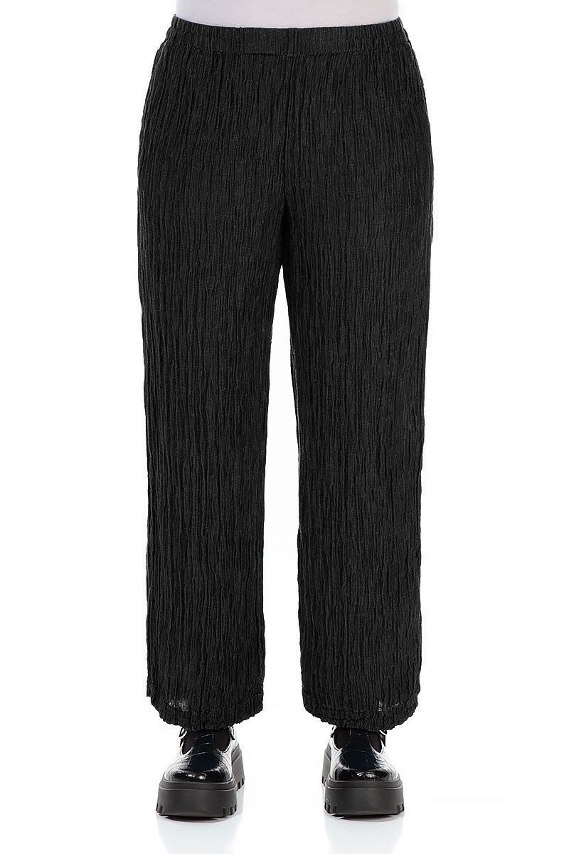 Straight Crinkled Black Silk Linen Trousers