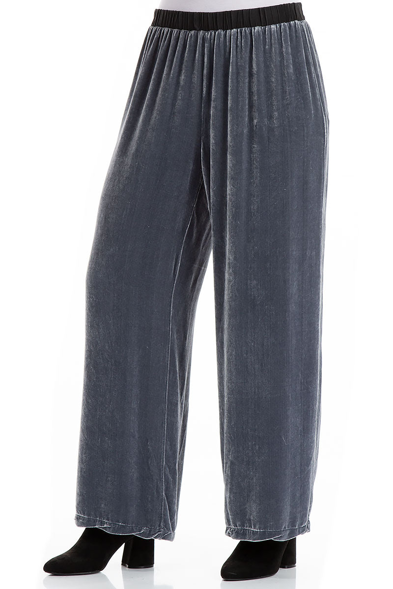 Straight Wide Silver Silk Velvet Trousers 3