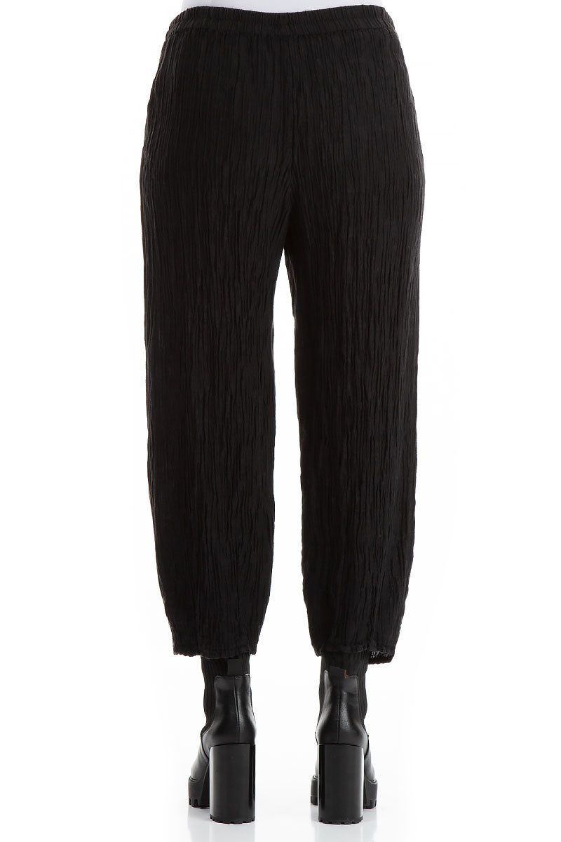 Elegant Taper Crinkled Black Silk Trousers 2