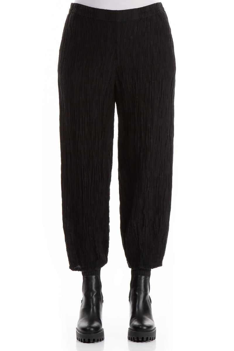 Elegant Taper Crinkled Black Silk Trousers 1