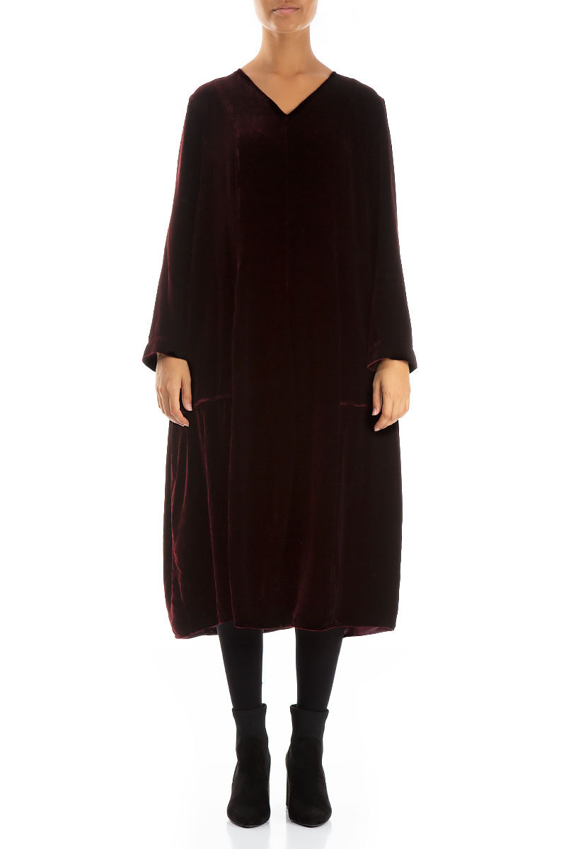 V-Neck Balloon Wine Silk Velvet Dress 1