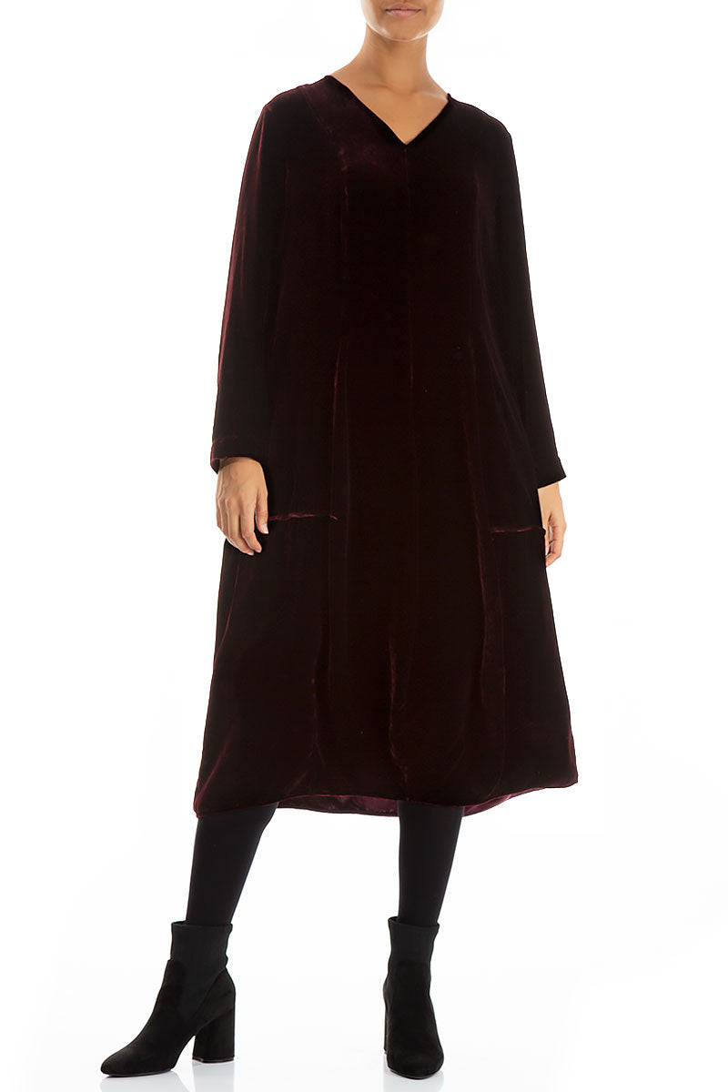 V-Neck Balloon Wine Silk Velvet Dress 3
