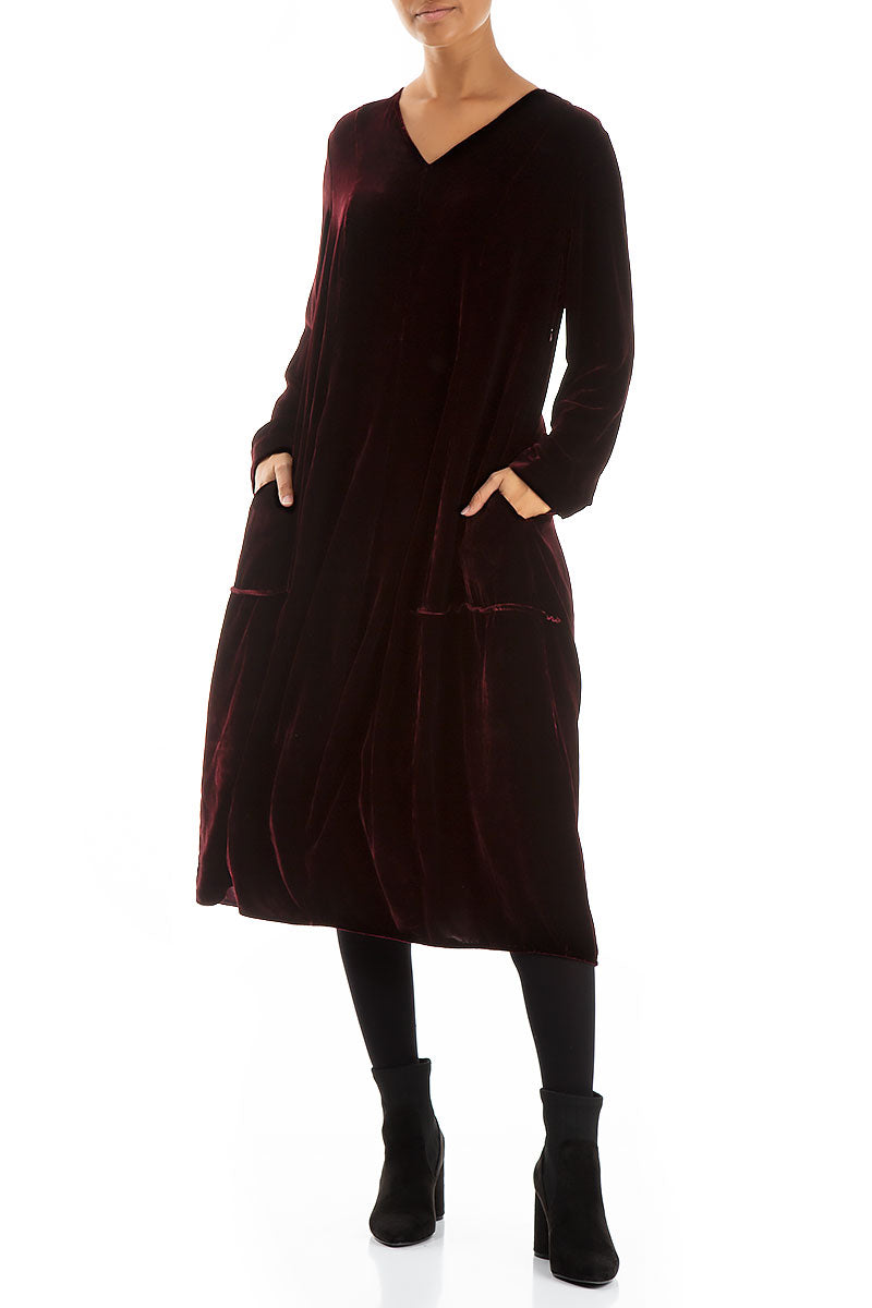 V-Neck Balloon Wine Silk Velvet Dress 4