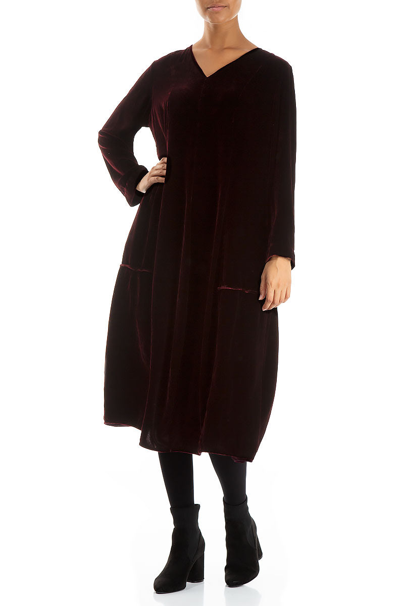 V-Neck Balloon Wine Silk Velvet Dress 5