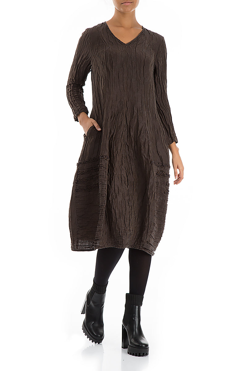 V-Neck Crinkled Ash Silk Linen Dress 3