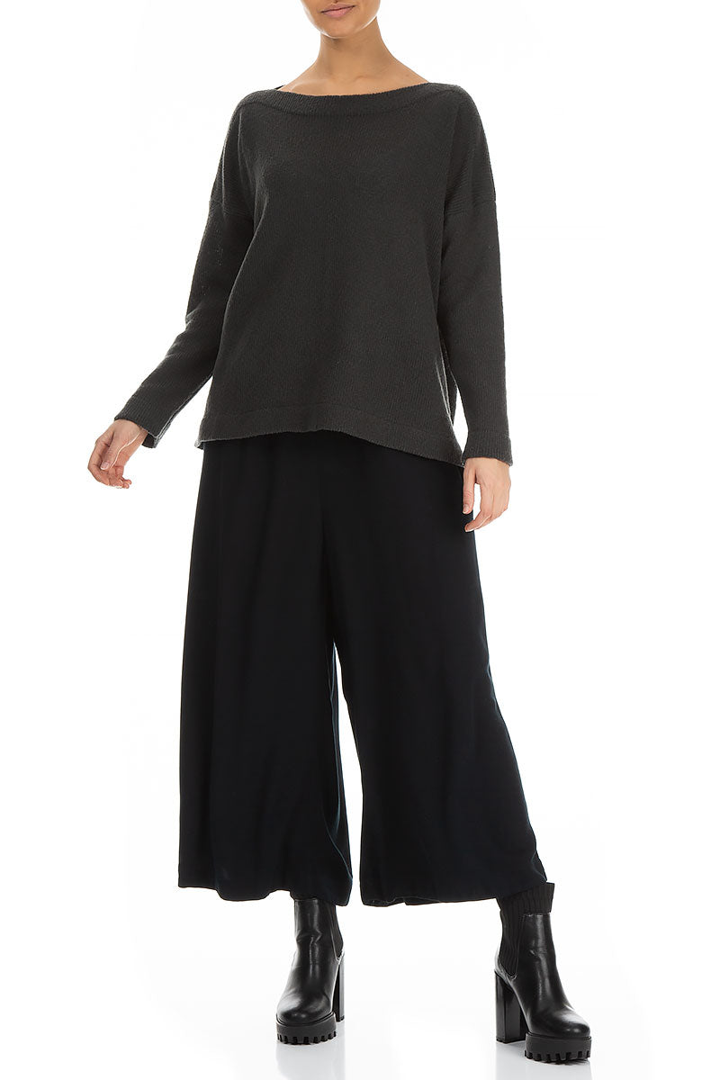 Wide Cropped Dark Navy Viscose Trousers 4