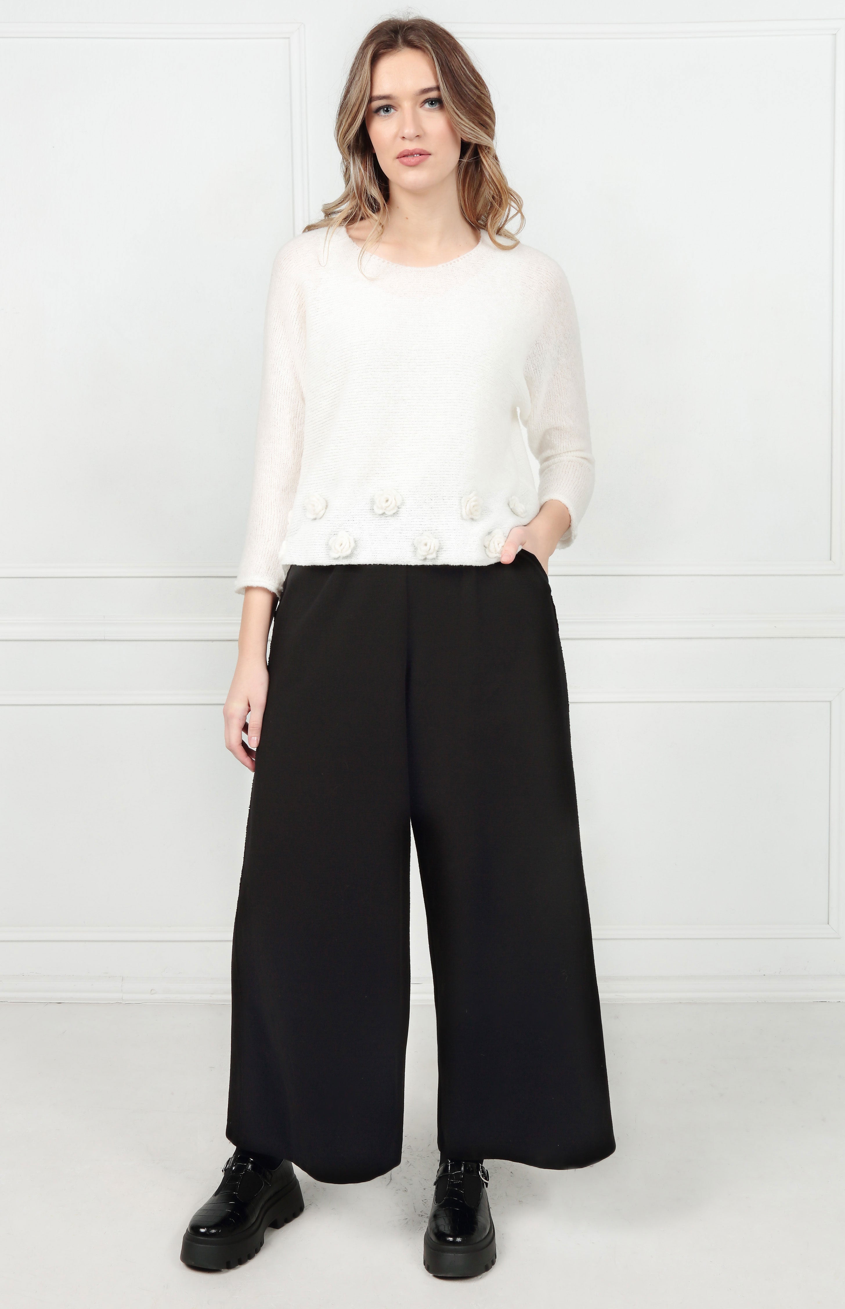 Wide Leg Black Cotton Jersey Trousers 5