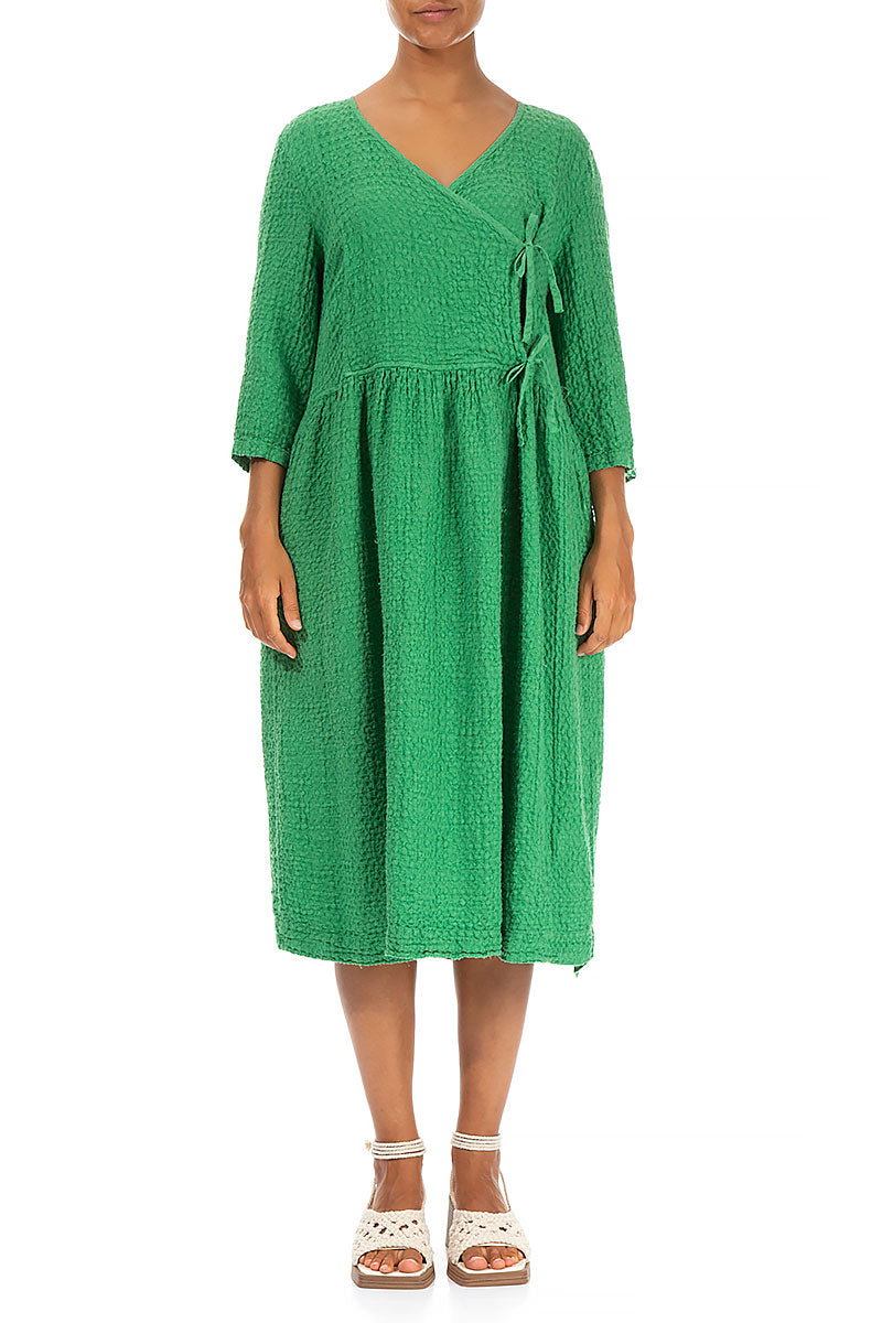 Wrap Textured Spring Green Linen Dress
