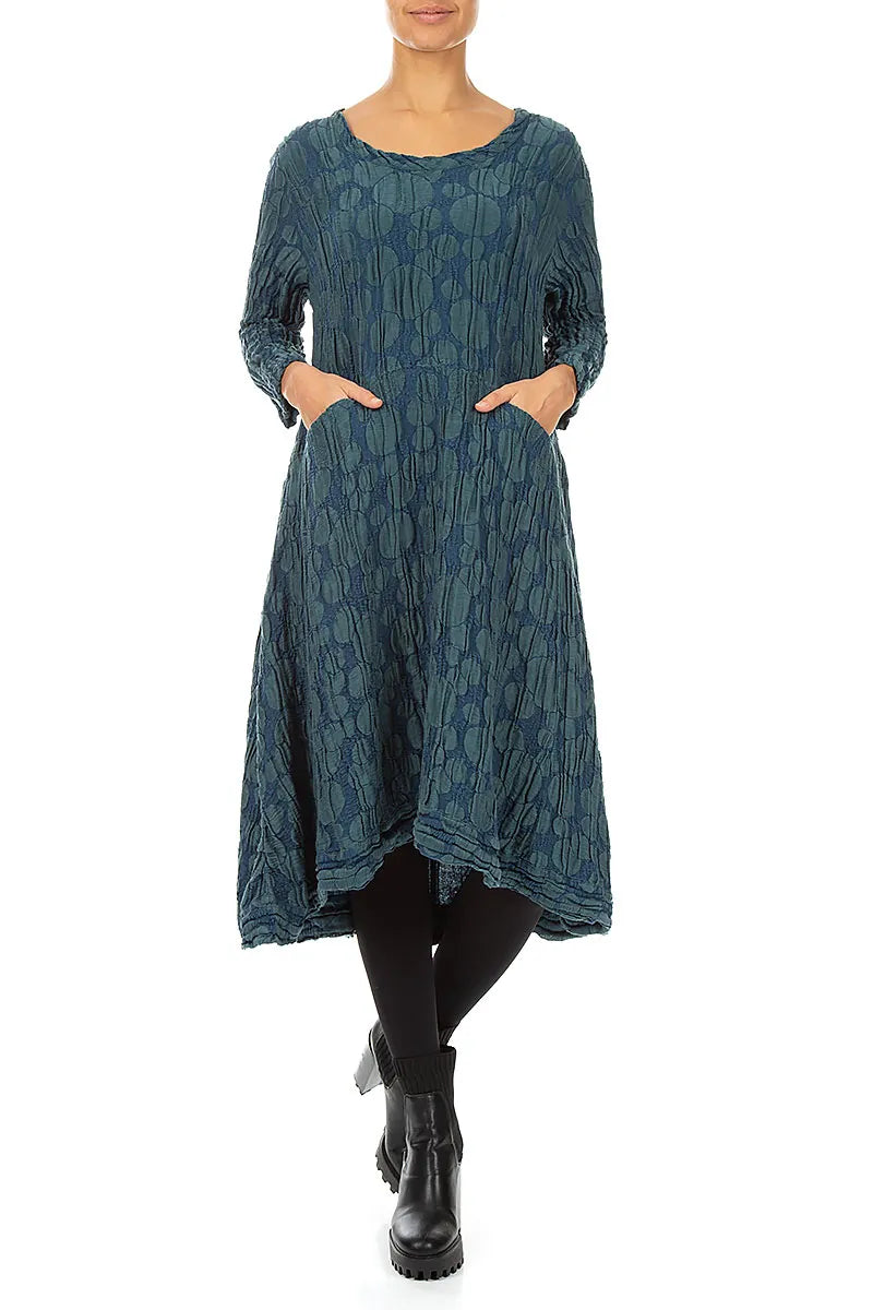 A-Line Deep Turquoise Circle Silk Linen Dress 4