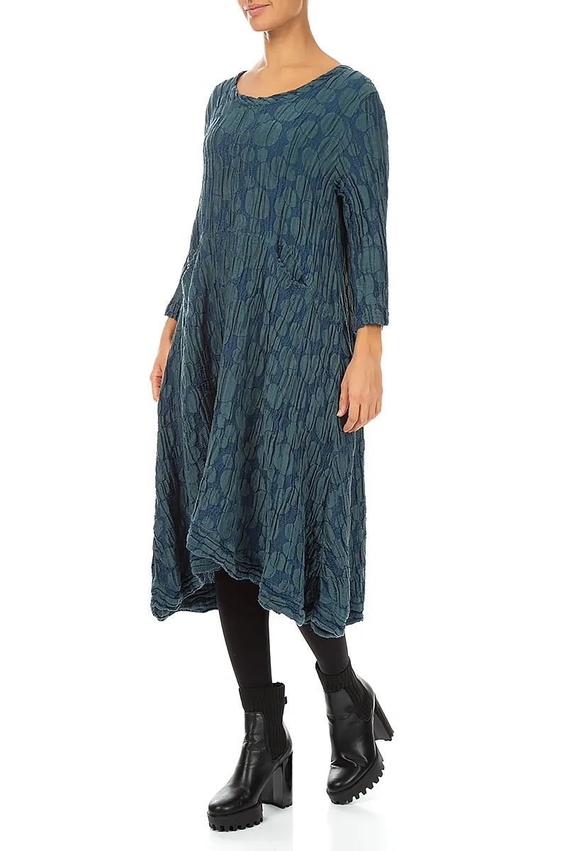 A-Line Deep Turquoise Circle Silk Linen Dress