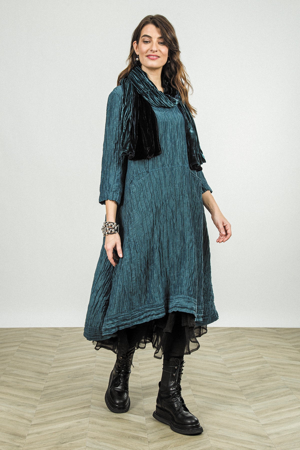A-Line Deep Turquoise Crinkled Silk Linen Dress 6