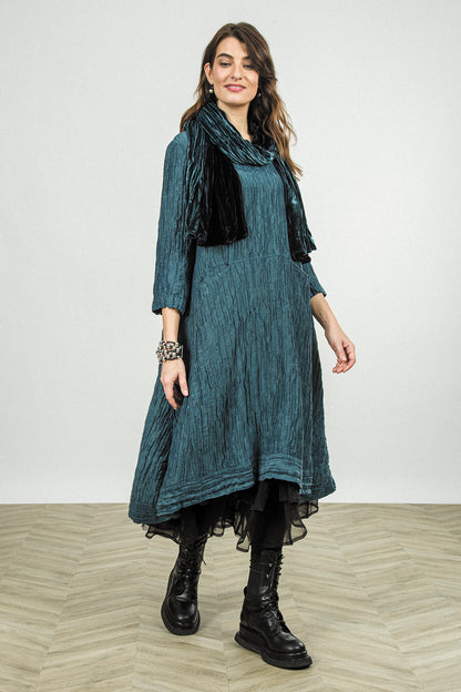 A-Line Deep Turquoise Crinkled Silk Linen Dress 6