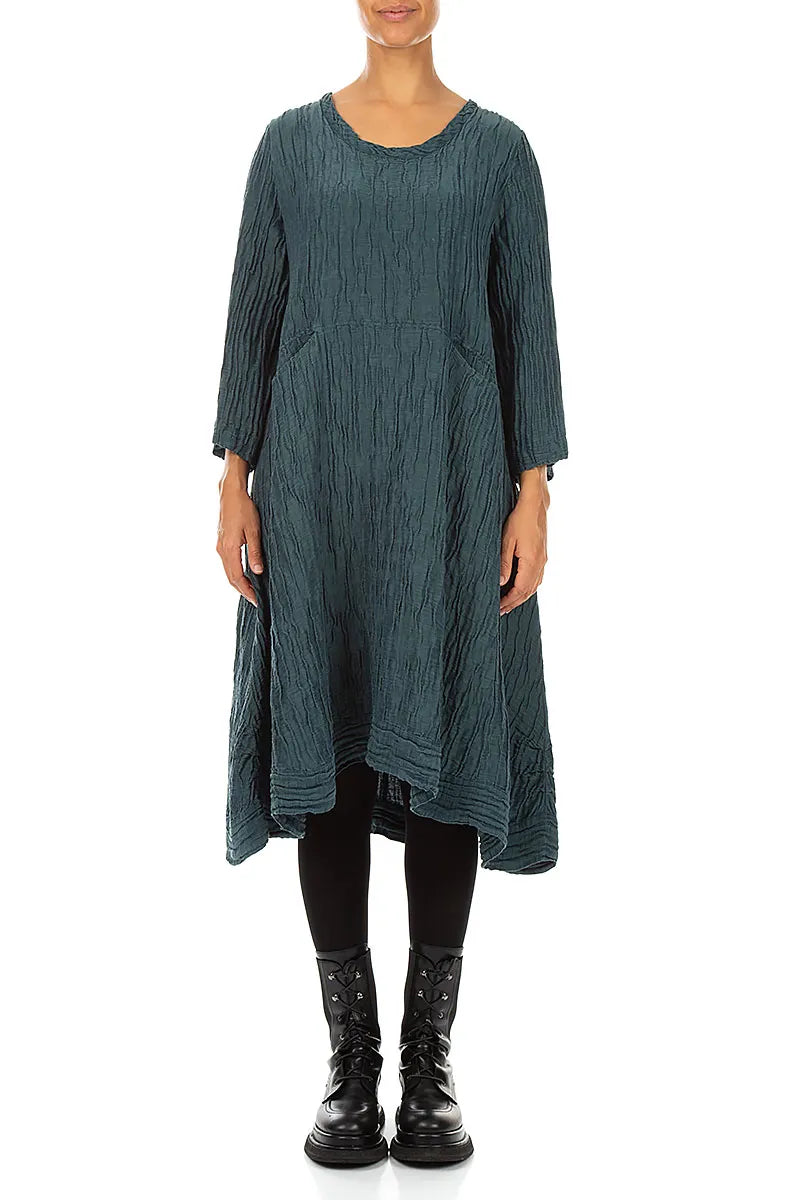 A-Line Deep Turquoise Crinkled Silk Linen Dress