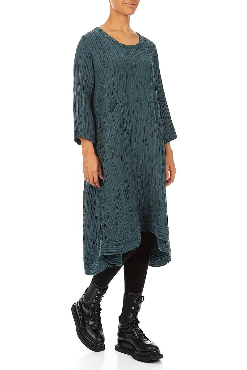 A-Line Deep Turquoise Crinkled Silk Linen Dress