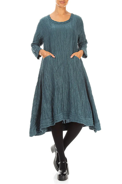 A-Line Deep Turquoise Crinkled Silk Linen Dress 4