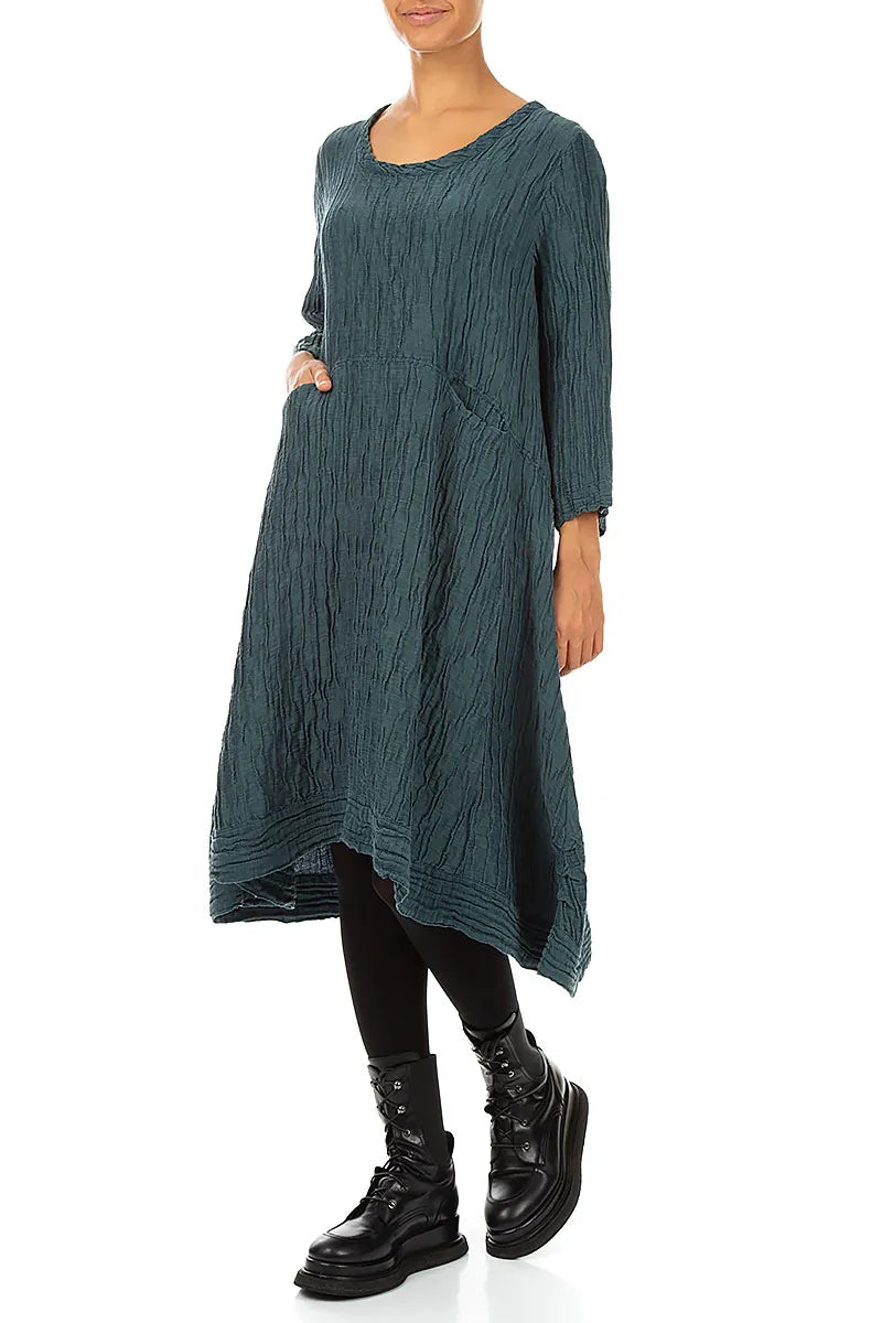 A-Line Deep Turquoise Crinkled Silk Linen Dress