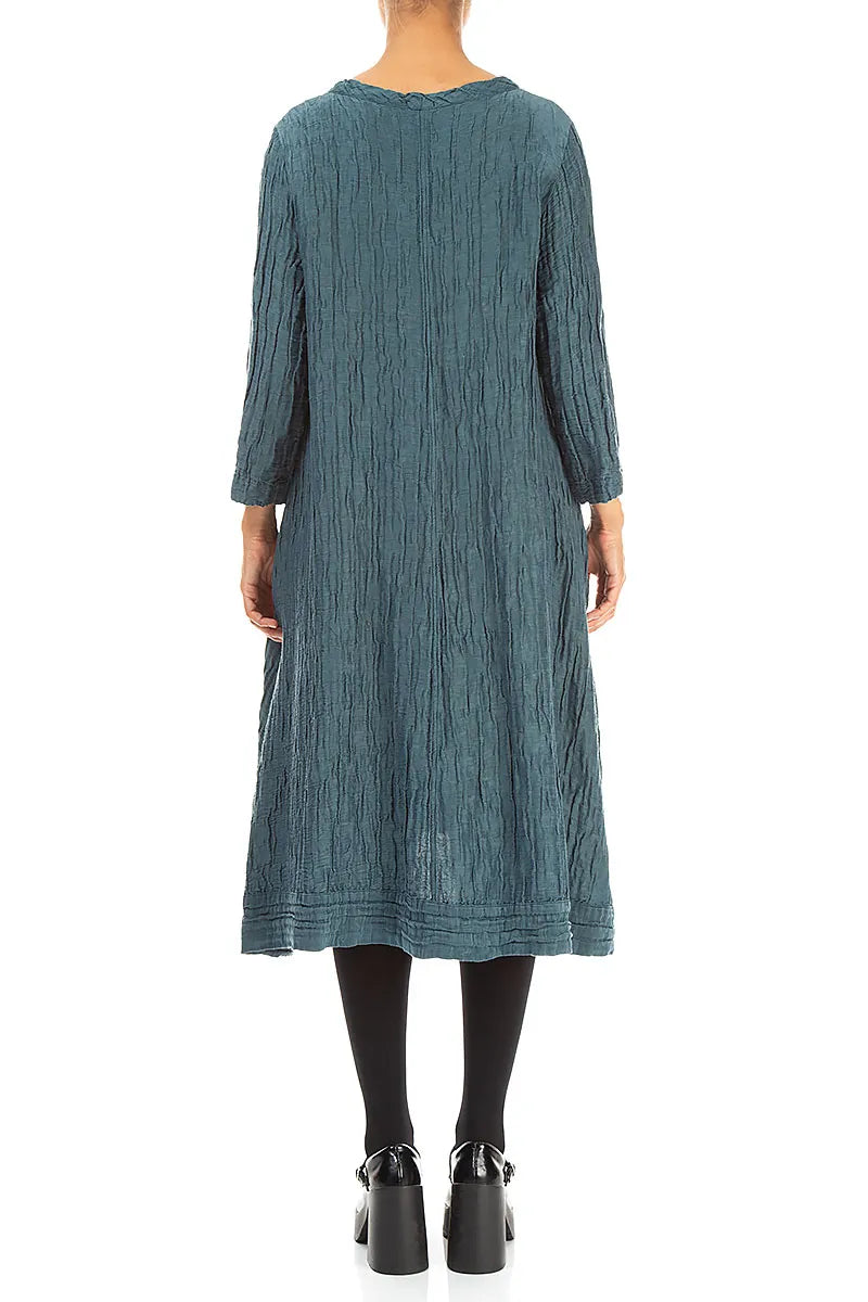 A-Line Deep Turquoise Crinkled Silk Linen Dress 2