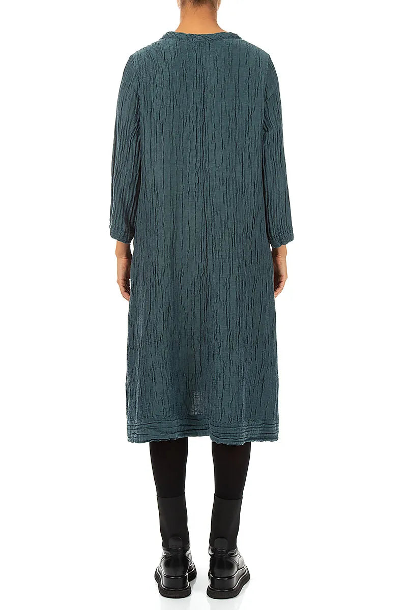 A-Line Deep Turquoise Crinkled Silk Linen Dress