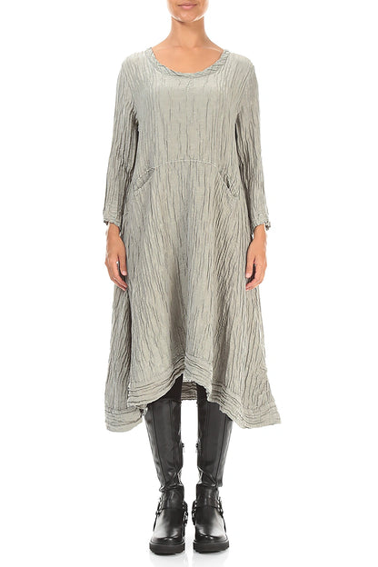 A-Line Olive Grey Crinkled Silk Linen Dress