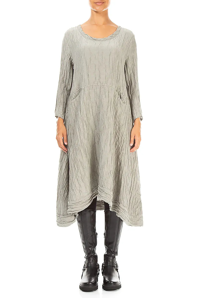 A-Line Olive Grey Crinkled Silk Linen Dress 1