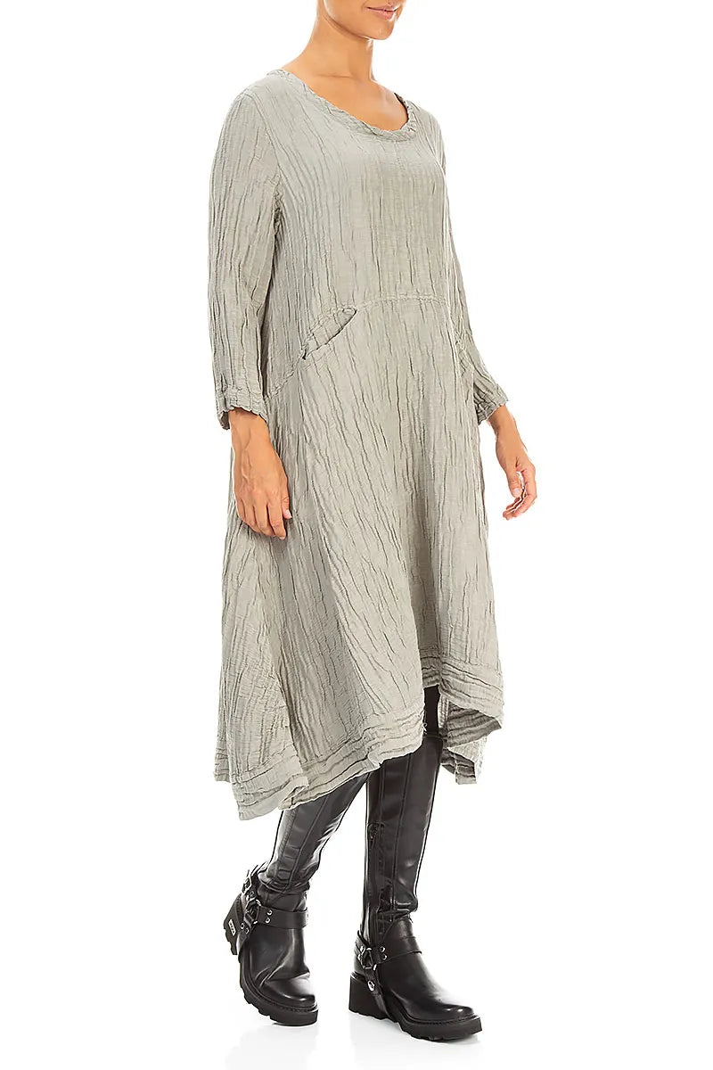 A-Line Olive Grey Crinkled Silk Linen Dress
