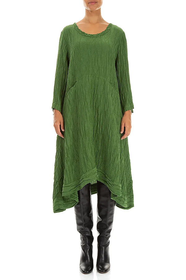 A-Line Shamrock Green Crinkled Silk Linen Dress 1