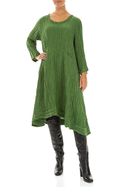 A-Line Shamrock Green Crinkled Silk Linen Dress