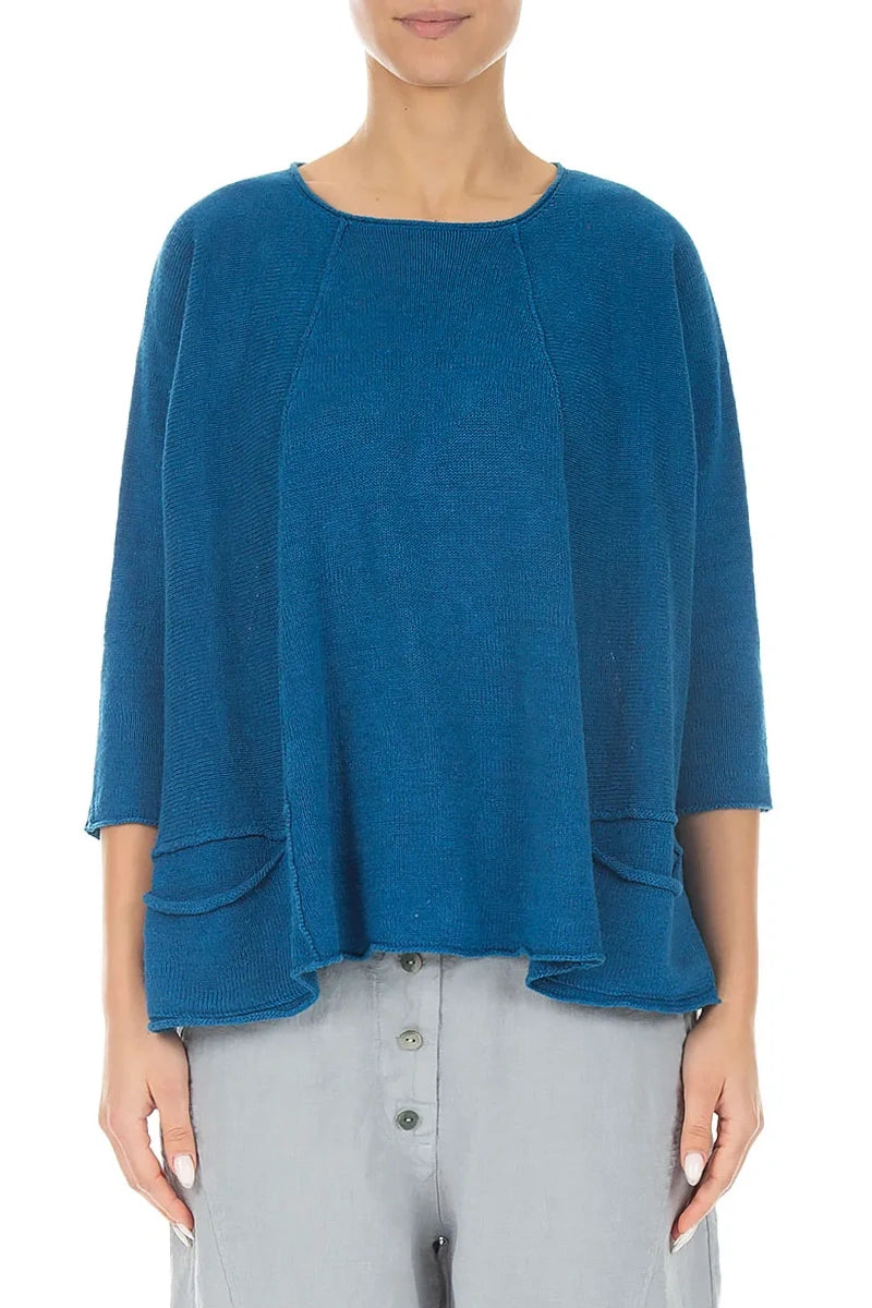 A-Line Two Pockets Cobalt Blue Linen Jumper 1