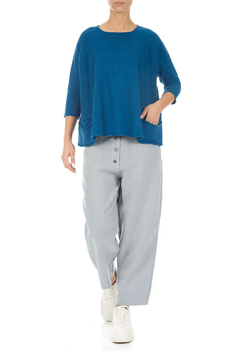A-Line Two Pockets Cobalt Blue Linen Jumper 4