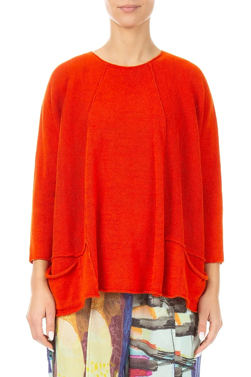 A-Line Two Pockets Flame Orange Linen Jumper 1