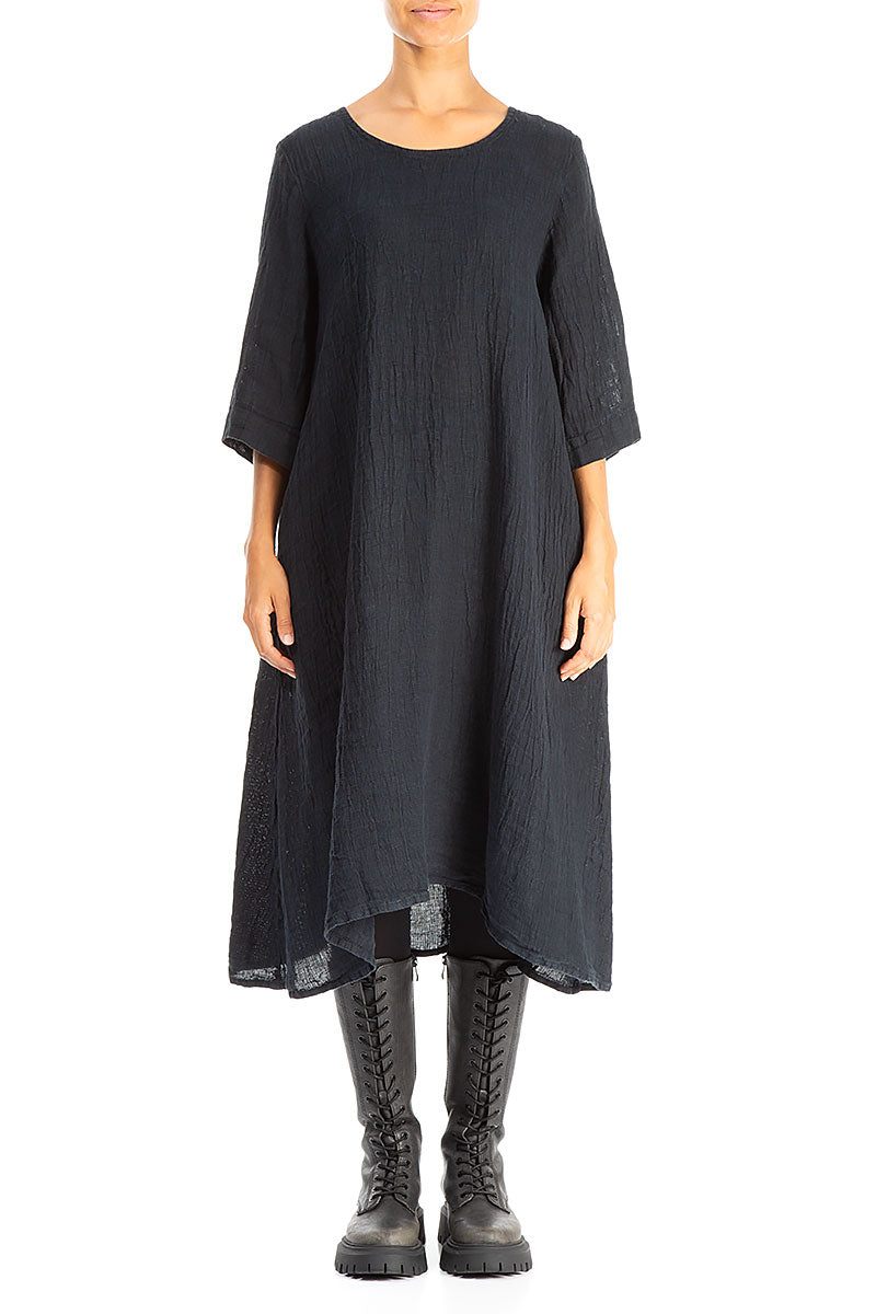 A-line Midnight Blue Mélange Linen Dress