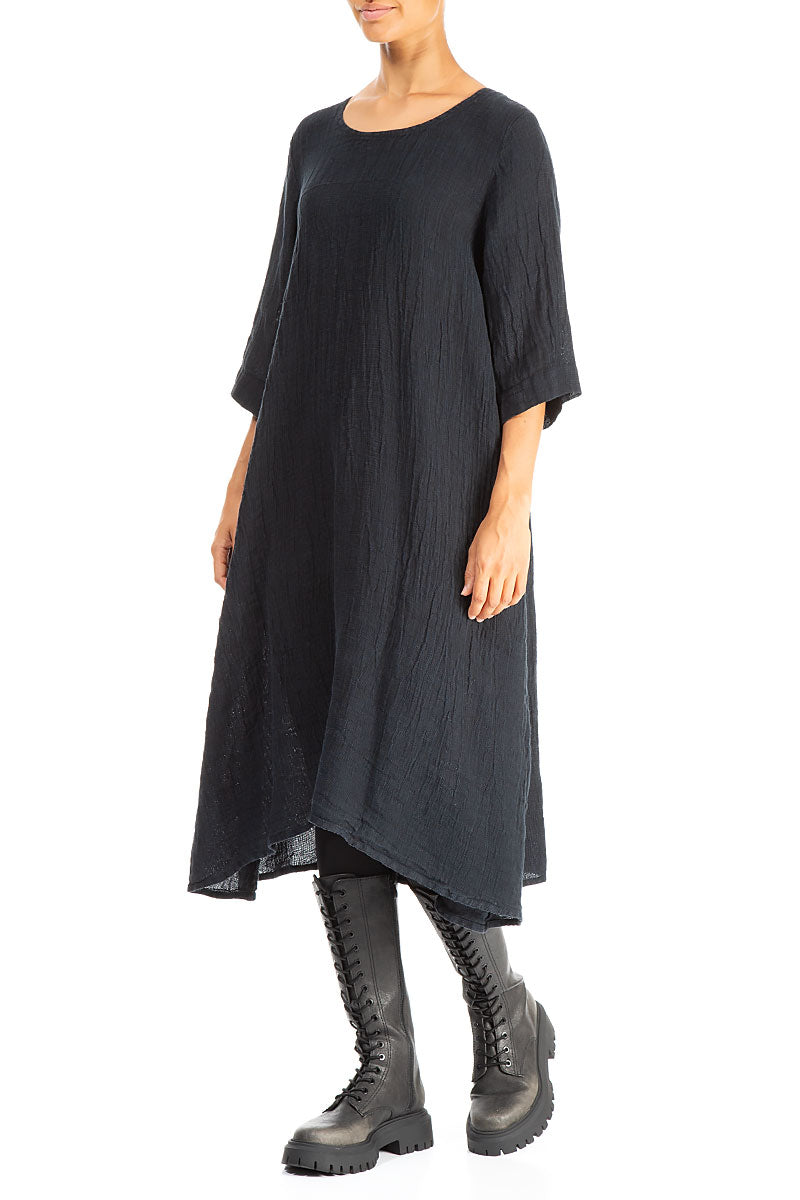 A-line Midnight Blue Mélange Linen Dress