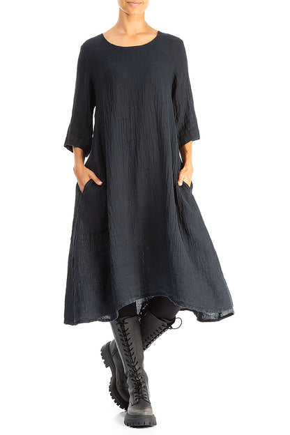 A-line Midnight Blue Mélange Linen Dress