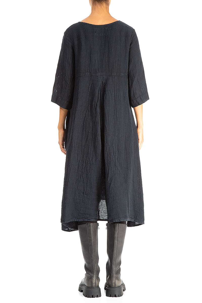 A-line Midnight Blue Mélange Linen Dress