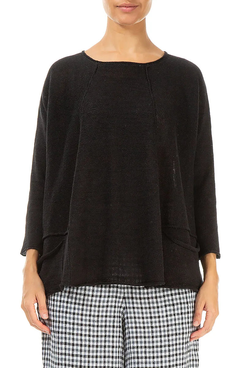 A-line Two Pockets Black Linen Jumper