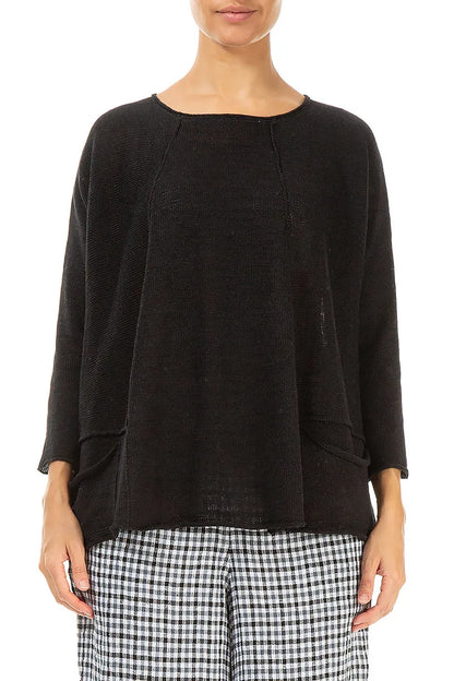 A-line Two Pockets Black Linen Jumper