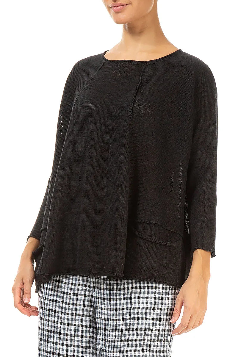 A-line Two Pockets Black Linen Jumper