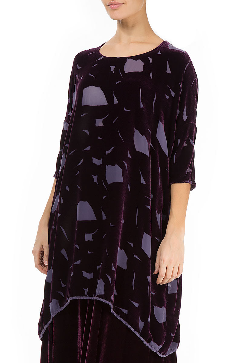 Abstract Devoré Aubergine Silk Velvet Tunic