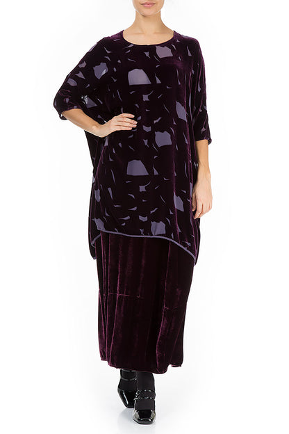 Abstract Devoré Aubergine Silk Velvet Tunic