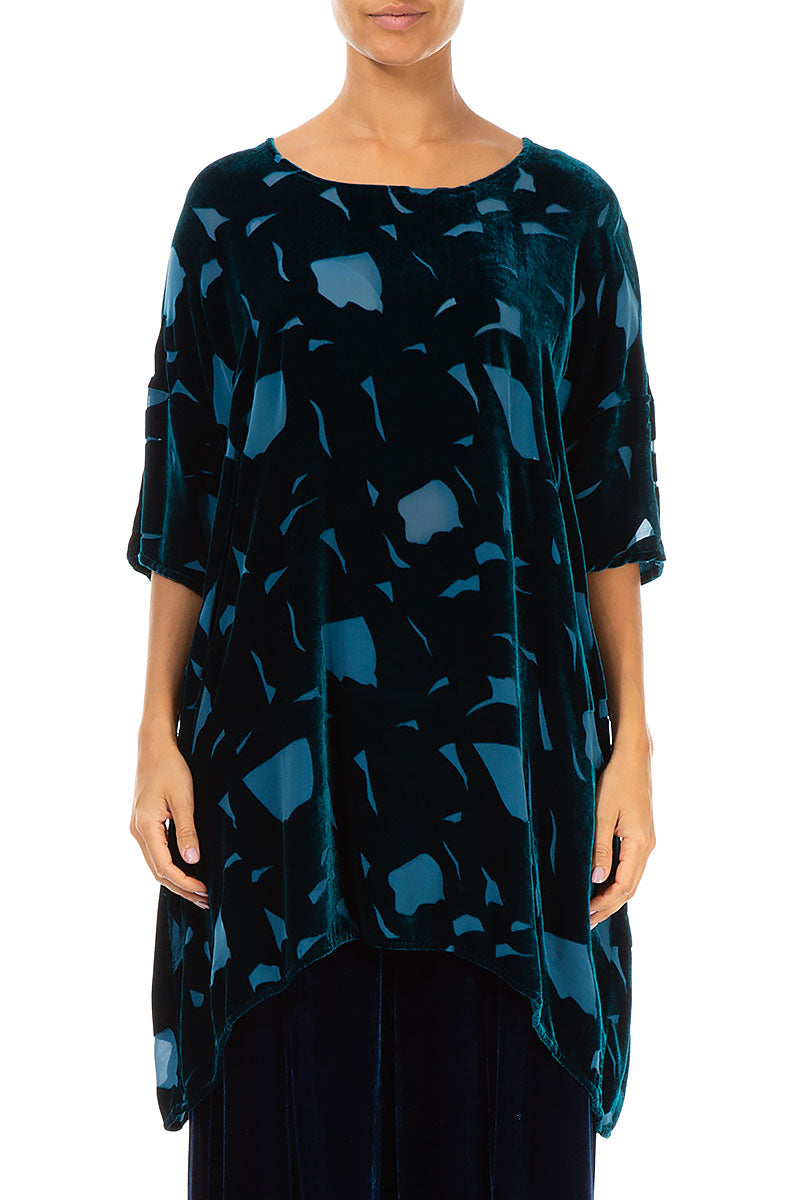 Abstract Devoré Petrol Blue Silk Velvet Tunic