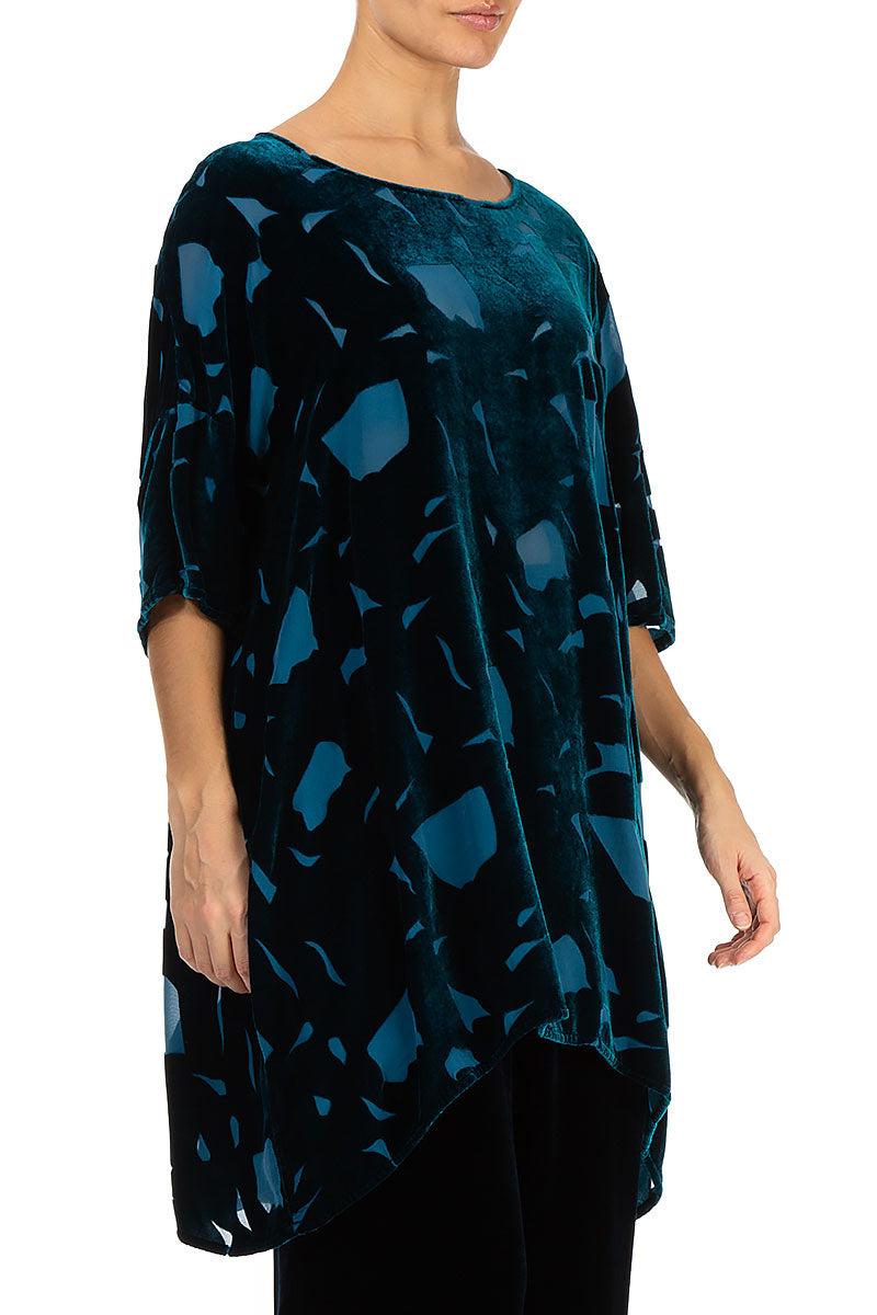 Abstract Devoré Petrol Blue Silk Velvet Tunic