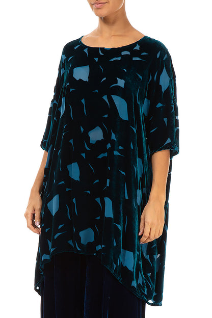 Abstract Devoré Petrol Blue Silk Velvet Tunic