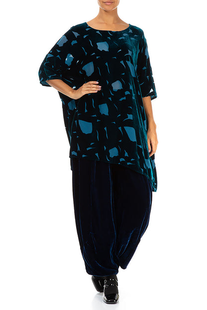 Abstract Devoré Petrol Blue Silk Velvet Tunic