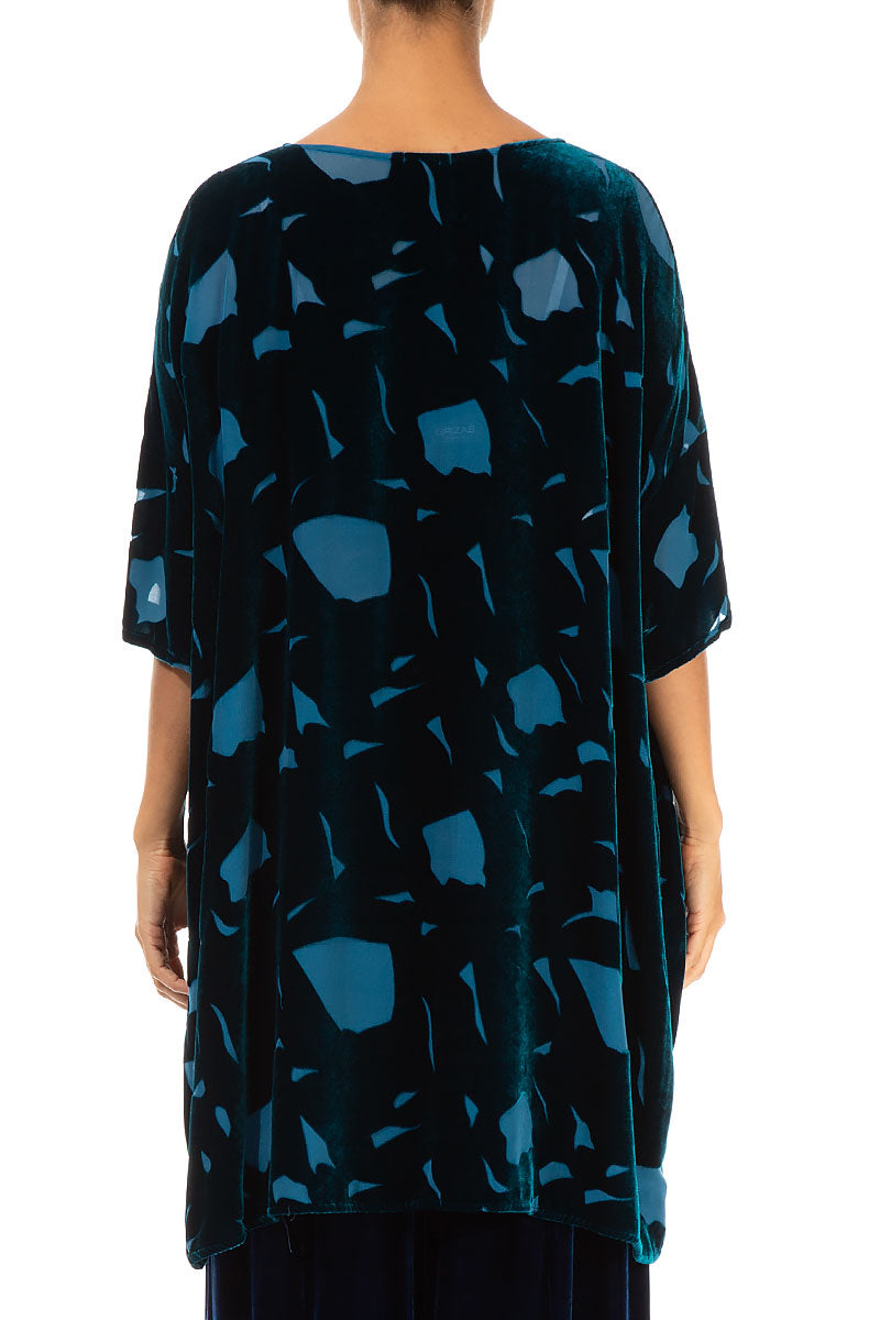 Abstract Devoré Petrol Blue Silk Velvet Tunic